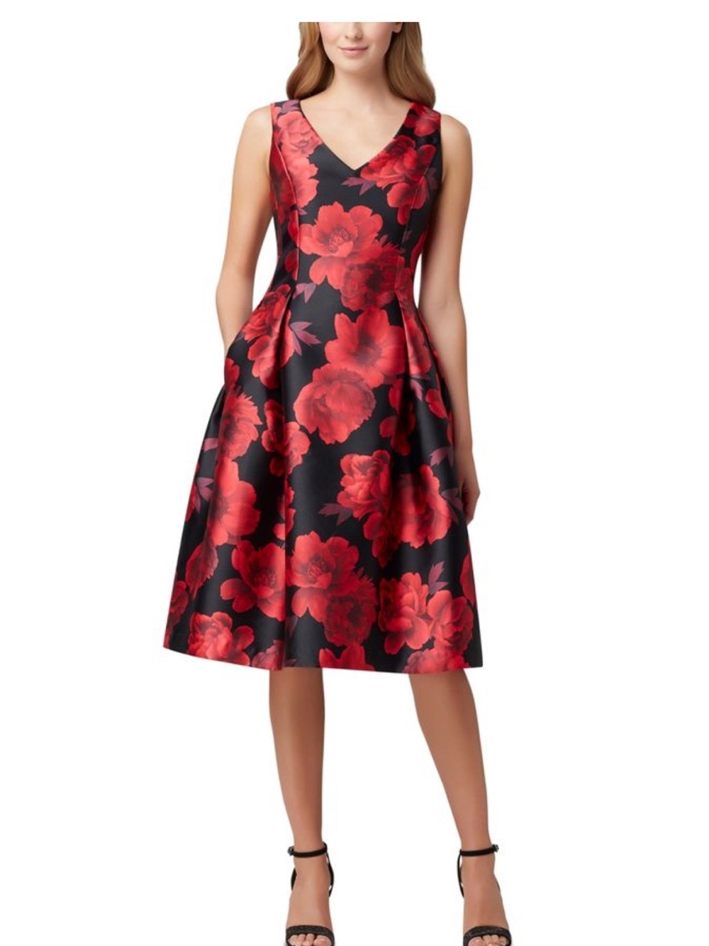 Tahari ASL Black Dress with Bold Red Floral Print V-Neck